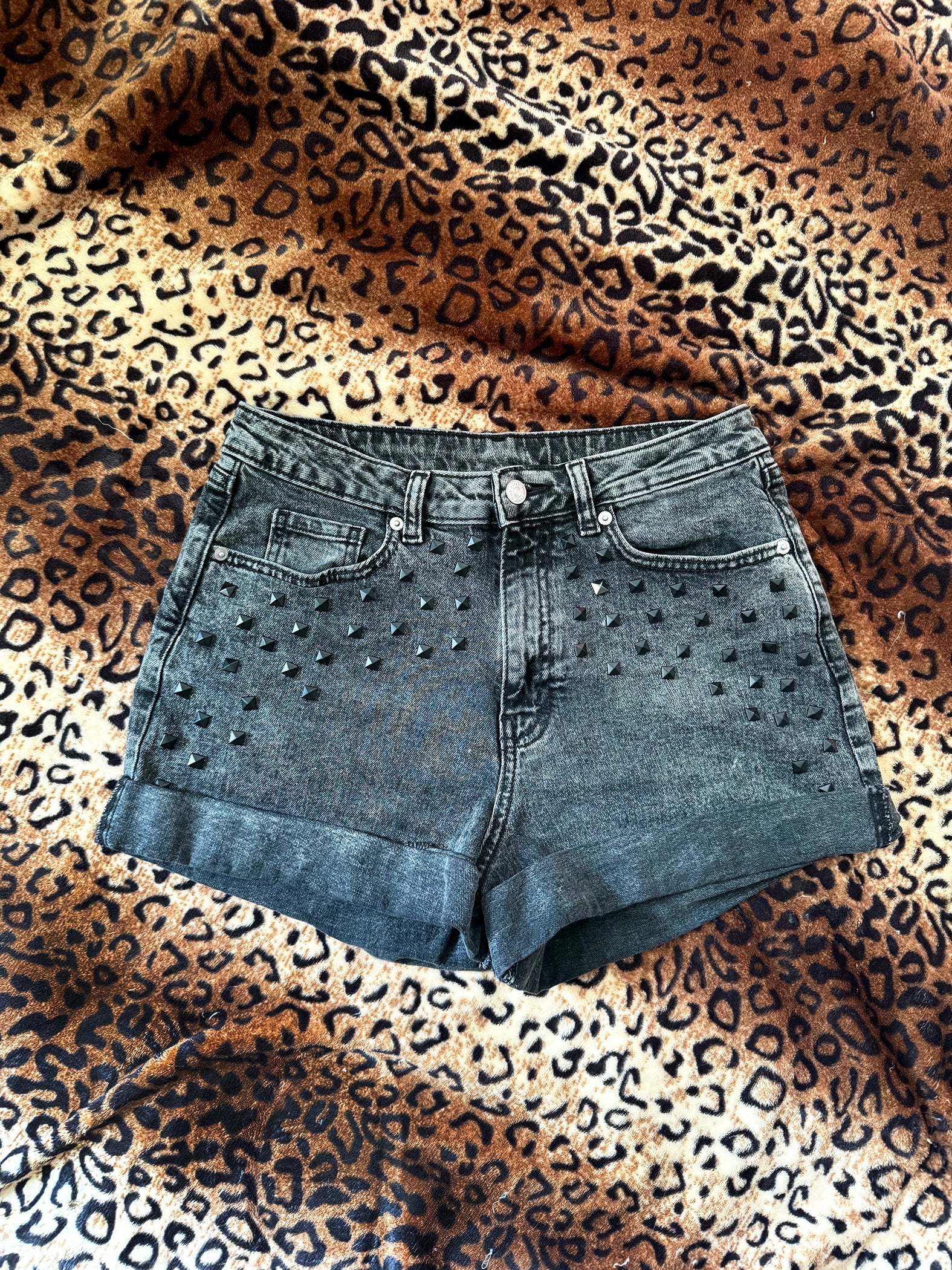 MothMan Matte Black Studded Denim Shorts