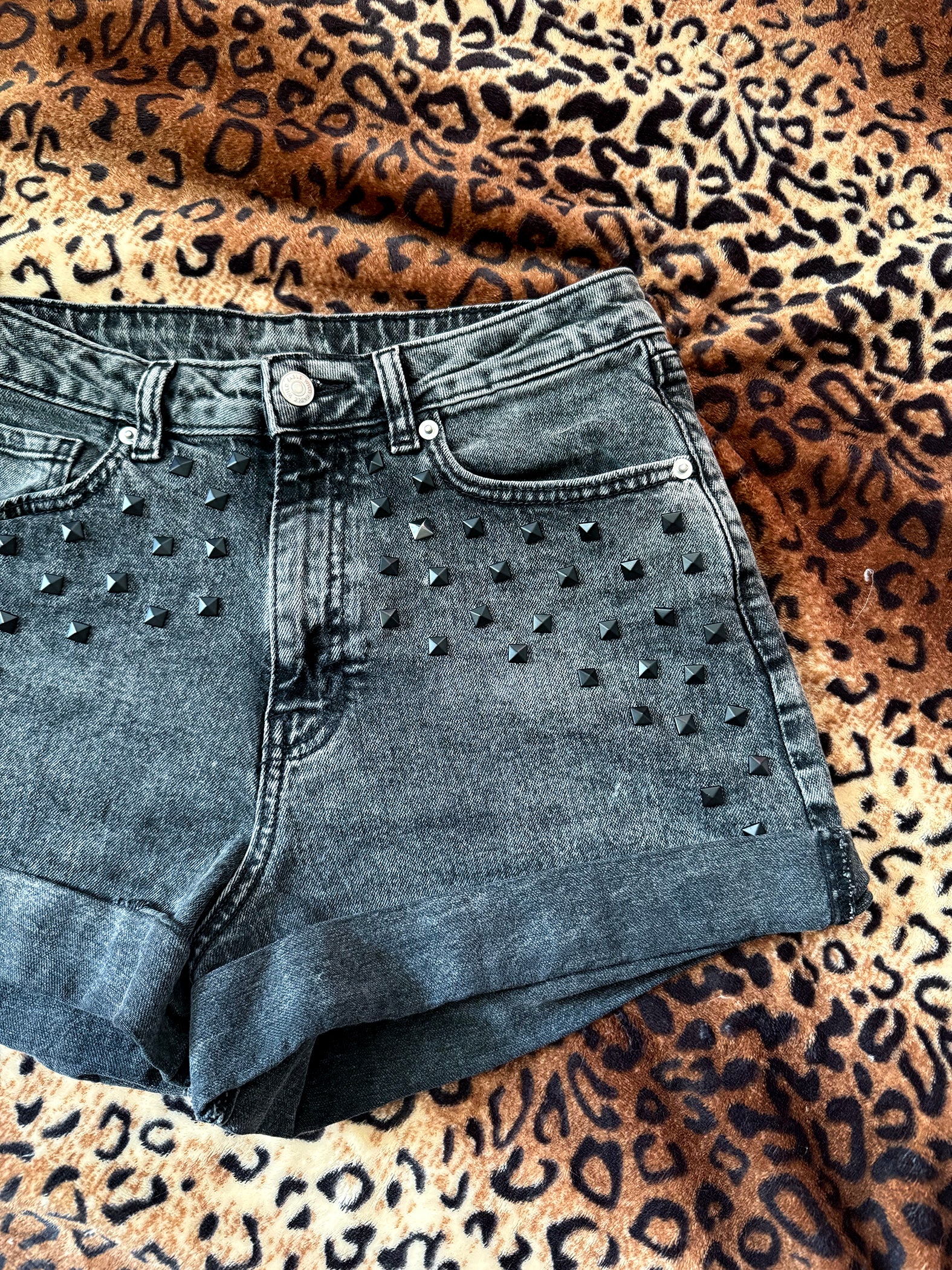 MothMan Matte Black Studded Denim Shorts