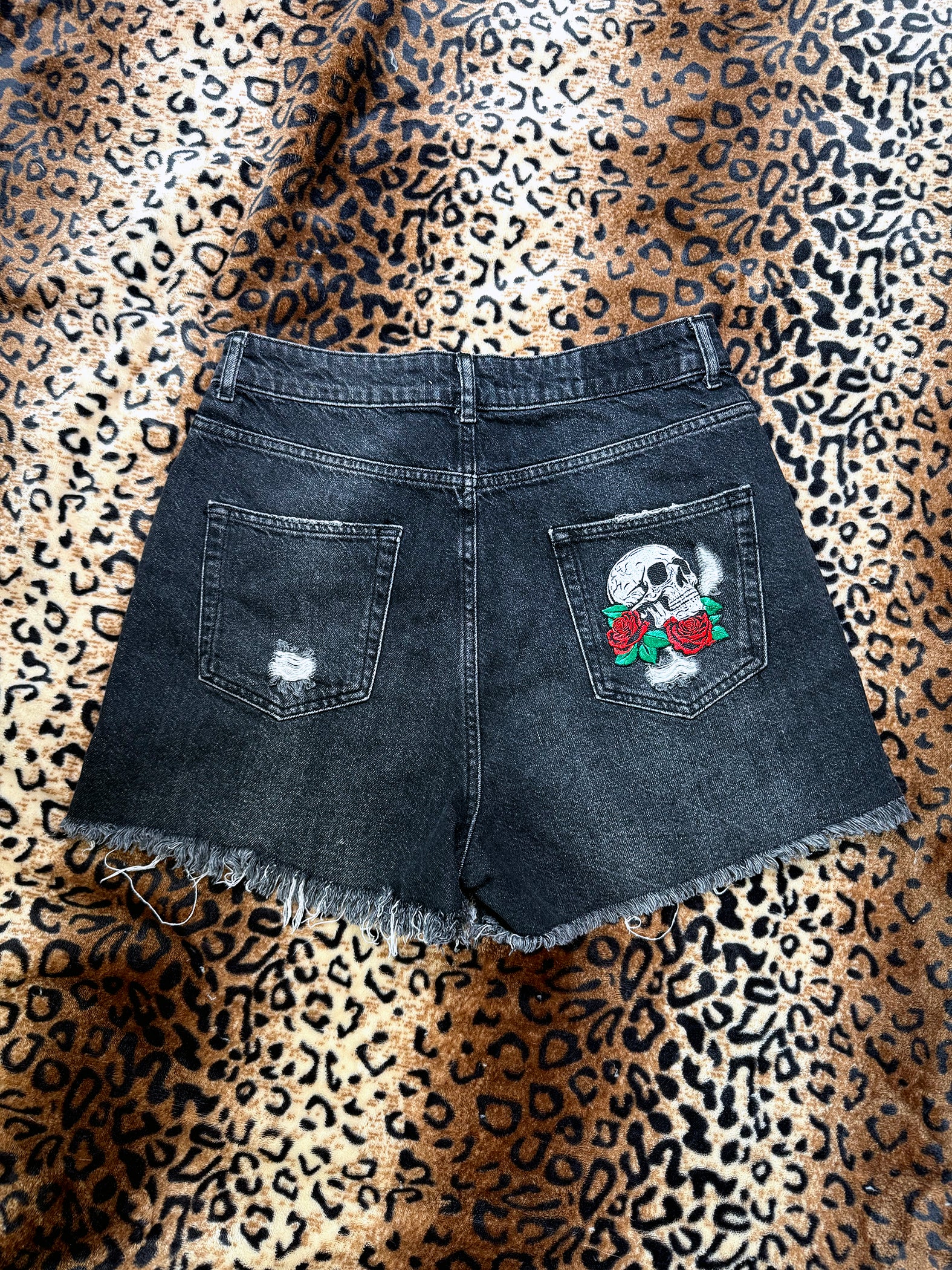 Skulls And Spikes Distressed Denim Shorts