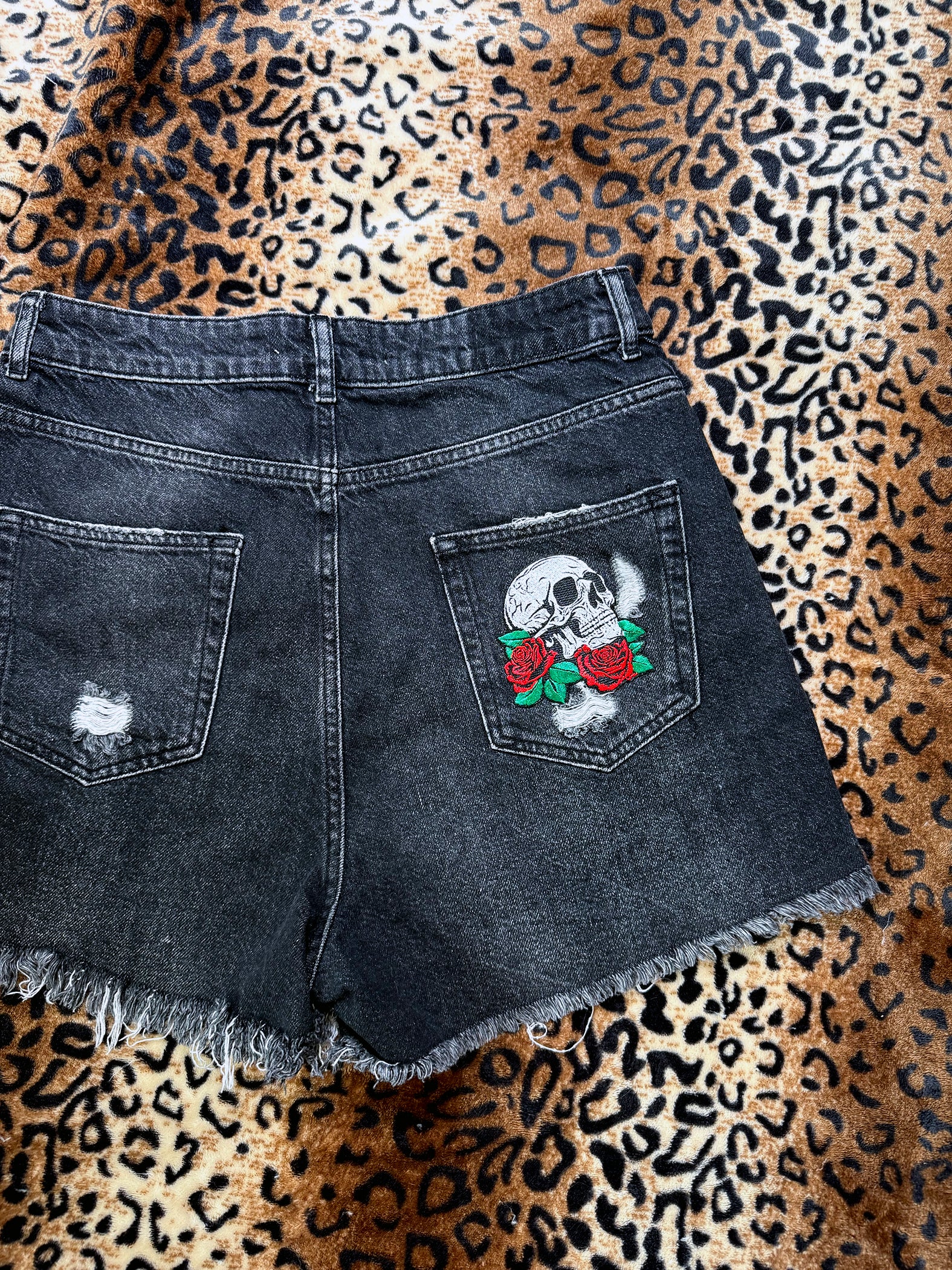 Skulls And Spikes Distressed Denim Shorts