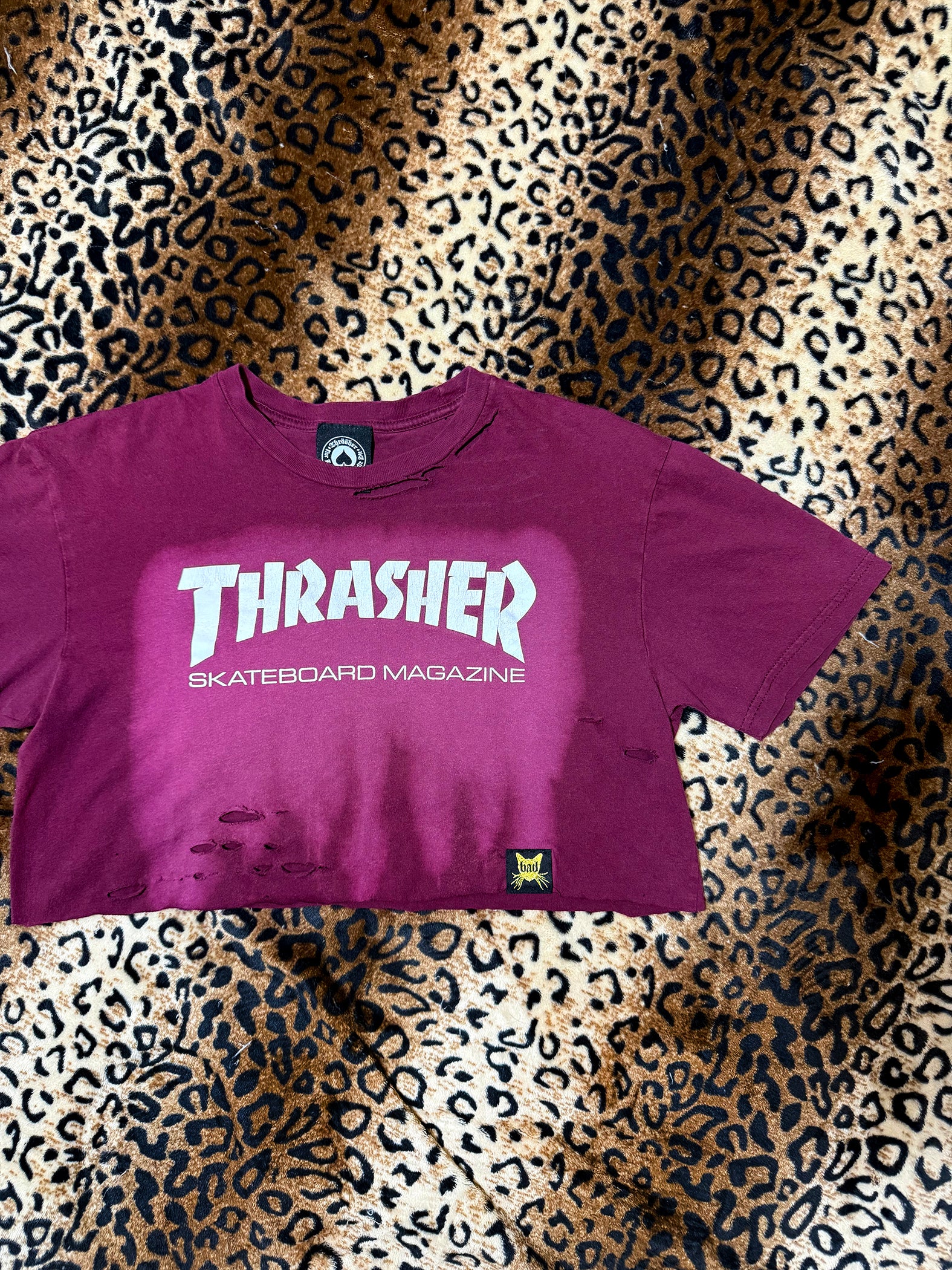 Thrasher Burgundy Distressed Bleach Dye Crop Top