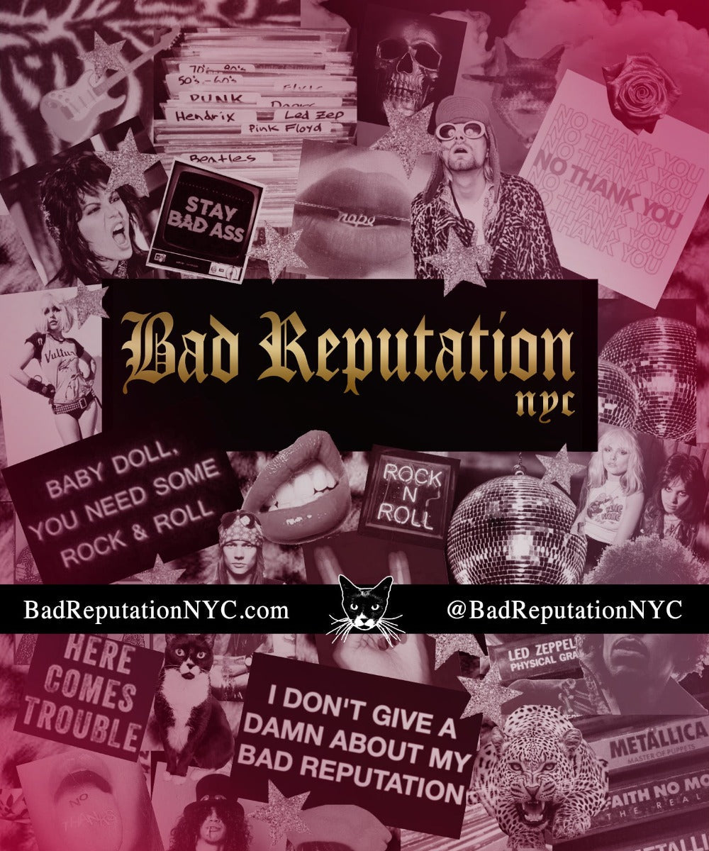 Black and white collage with rock n roll images with hot pink highlights