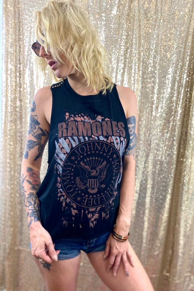 black ramones tank top on tattooed model front view