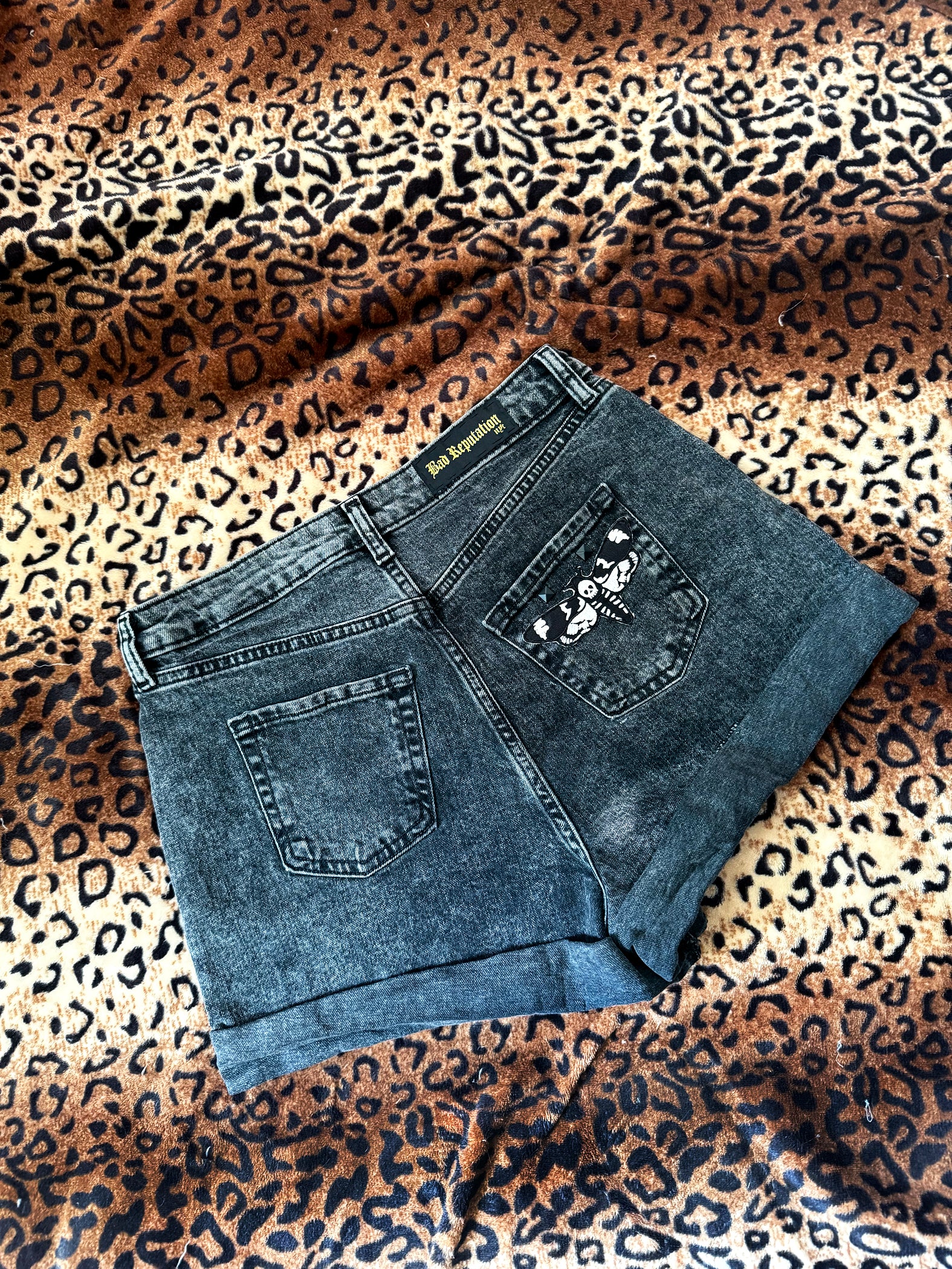 MothMan Matte Black Studded Denim Shorts