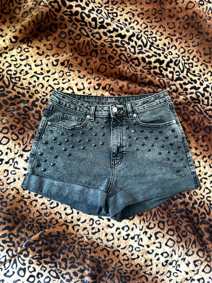 MothMan Matte Black Studded Denim Shorts