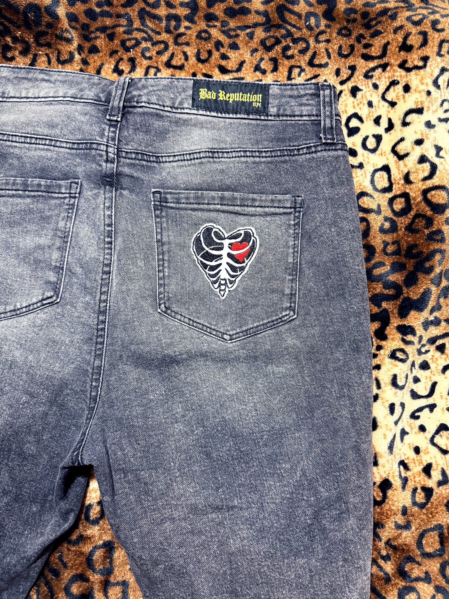 Red Studded Distressed Denim Shorts