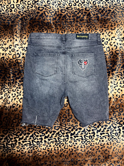 Red Studded Distressed Denim Shorts