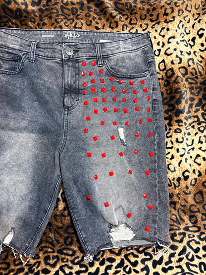 Red Studded Distressed Denim Shorts