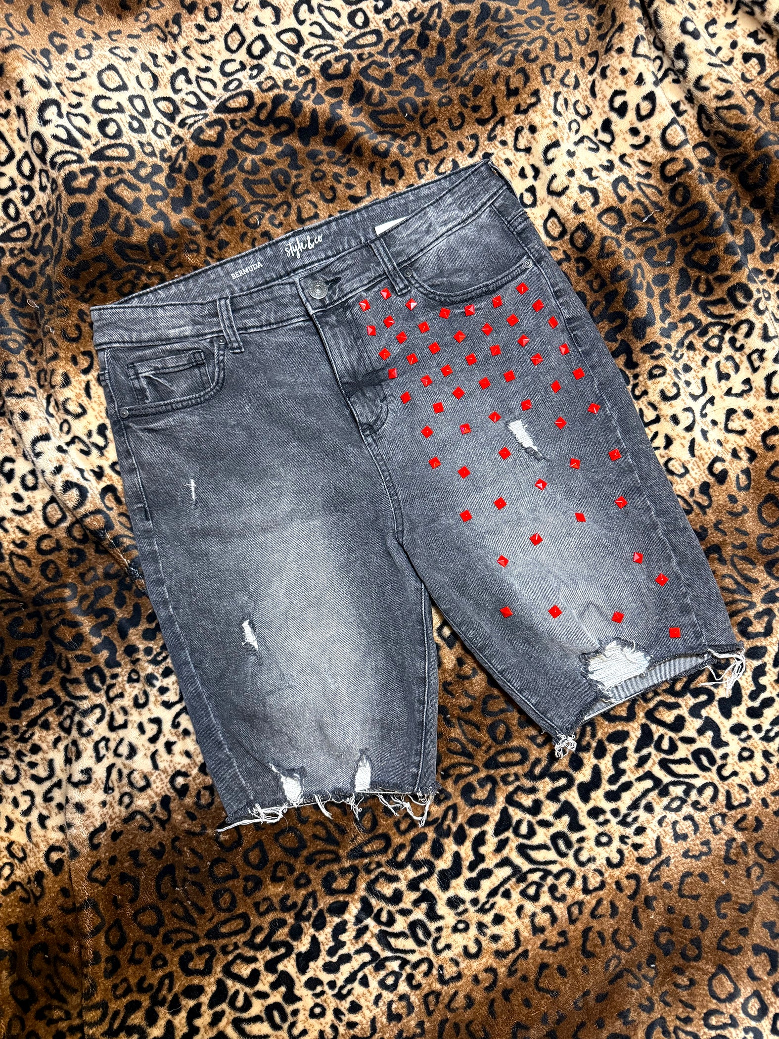 Red Studded Distressed Denim Shorts