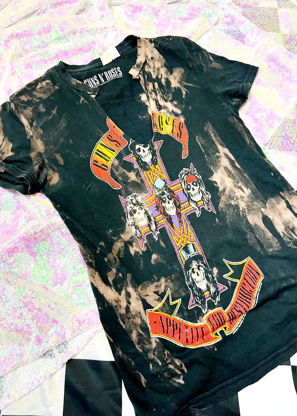 guns n roses bleach dye t shirt on a sequin background