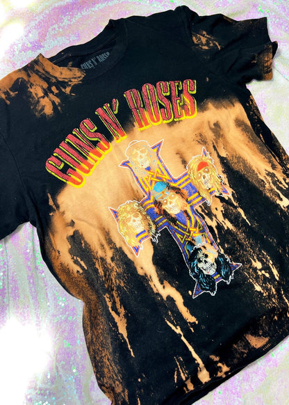 bleach dye t shirt on a holo background angle view