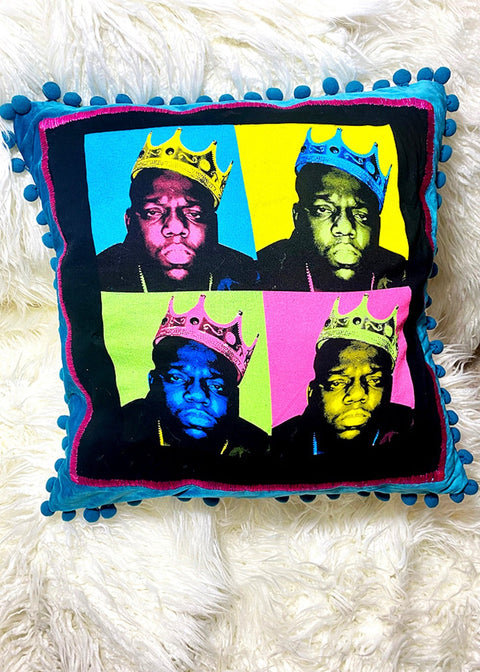 biggie throw pillow on a white furry background front view