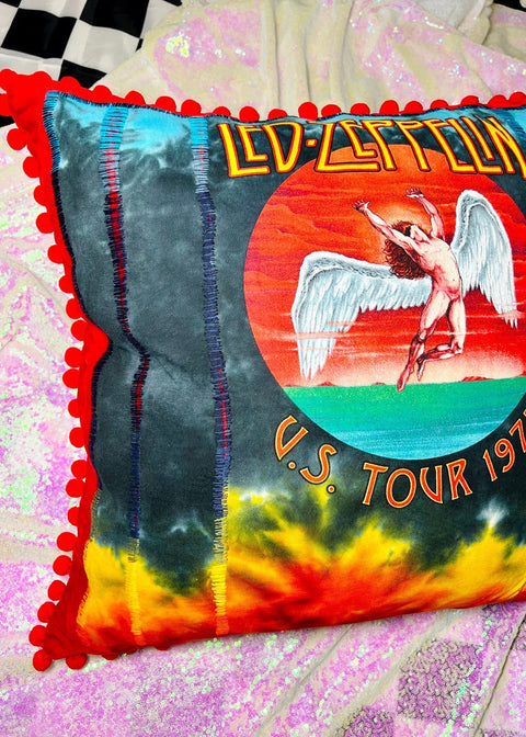 led zeppelin tie dye throw pillow on a sequin background detail close up