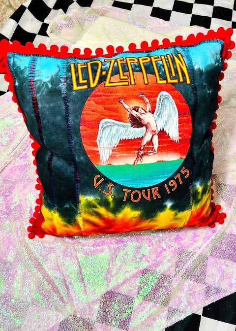 led zeppelin tie dye throw pillow on a sequin background front view