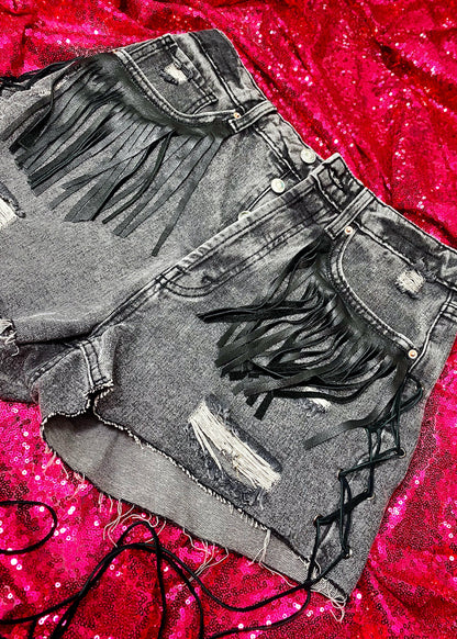No Thank You Leather Fringe Denim Shorts Bad Reputation NYC