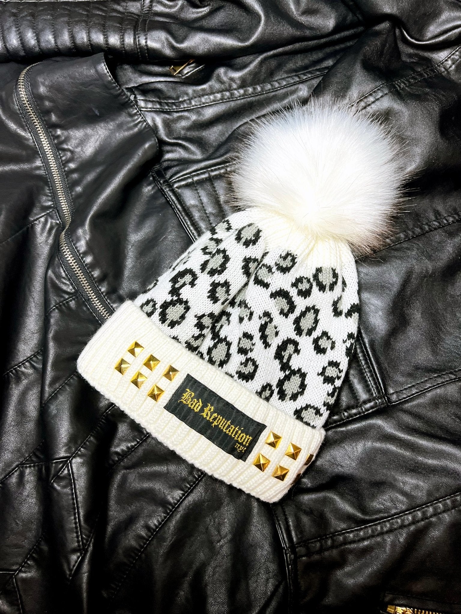 Studded White Leopard Beanie | Bad Reputation NYC