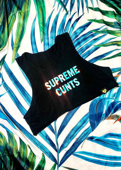 black graphic crop tank top on palm background