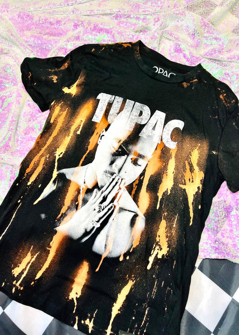 tupac bleach dye t shirt on a sequin background